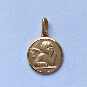 14K Gold Angel Pendant, 12MM, Guardian Angel Necklace, Angel Medal, Birthday Gift Women, Baby Baptism Gift, Newborn Gift