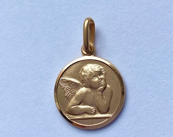 14K Gold Angel Pendant, 12MM, Guardian Angel Necklace, Angel Medal, Birthday Gift Women, Baby Baptism Gift, Newborn Gift