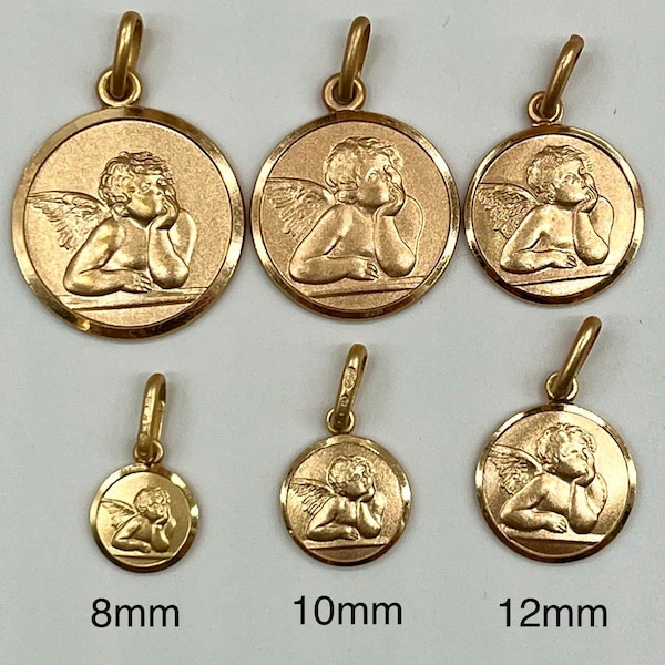 Pendentif ange en or, 8 mm-18 mm, 10 carats 14 carats 18 carats, ange gardien rond massif, anges best-sellers, cadeau de baptême pour bébé, cadeau d'anniversaire pour fille