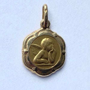 Gold Angel Pendant , 14MM 10K 14K 18K, Round Angel Flower Design, Gold Religious Jewelry, Birthday Gift for Women, Baptism Baby Gift