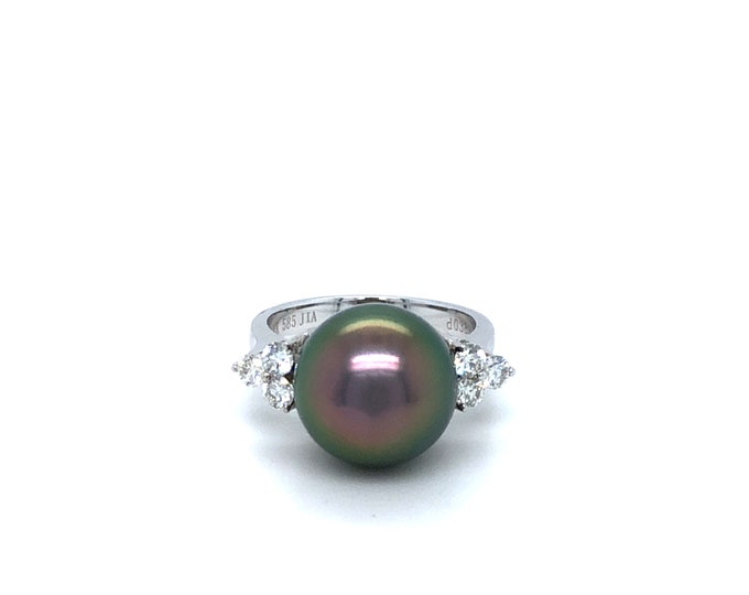 Pearl Diamond Gold Ring, 14K Solid Gold with Black Tahitian Pearl, Cocktail Ring for Women, Mother’s Day Gift