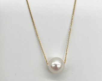 Single Pearl Gold Necklace, 10K 14K 18K Floating Pearl Necklace, Birthday Gift for Women, Mother’s Day Gift, Every Day Jewelry