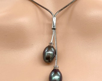 Lariat Black Pearl Necklace, Two Pearl Necklace, Sterling Silver Necklace, Birthday Gift for Women, Gift for Mom, Bridesmaids Gifts