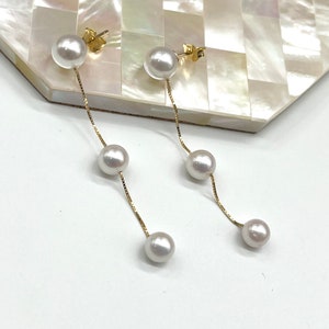 Gold Pearl Long Earrings, 10K 14K 18K Solid Gold Earrings, 3 White Pearl Dangle Earrings, Birthday Gift for Women, Bridesmaids Gift