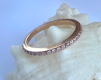 Diamond Rose Gold Ring, 18K Gold Half Eternity Diamond Ring, Diamond Wedding Band, Stackable Diamond Ring,