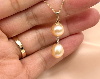 Peach Pearl Gold Necklace, 14K Solid Gold Necklace for Women, June Birthstone, Birthday Gift for Women, Jewelry for Woman