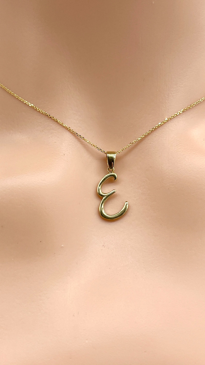 Letter E Gold Necklace, 10K Script Font Pendant, All Letters Available ...
