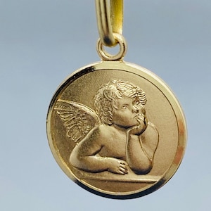 Gold Angel Pendant , 10MM, 14K Solid Gold Guardian Angel Necklace, Gold Religious Jewelry , Baptism Baby Gift, Newborn Gift