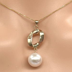 Pearl Drop Gold Necklace, 10K Solid Gold Necklace for Women, Bridesmaids Gift, Birthday Gift for Women, Christmas Jewelry for Woman