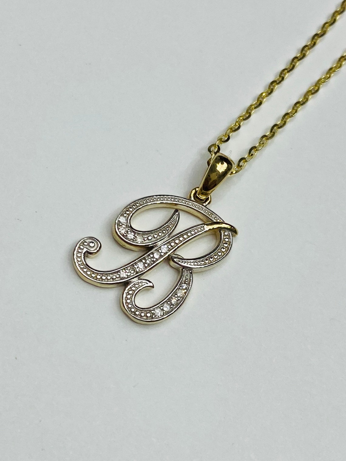 B Initial Pendant 10K Solid Gold Diamond Initial Necklace Etsy