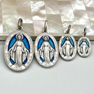 Our Lady of Miraculous, Sterling Silver Virgin Mary Medal, Enamel Religious Jewelry, Birthday Gift for Woman,