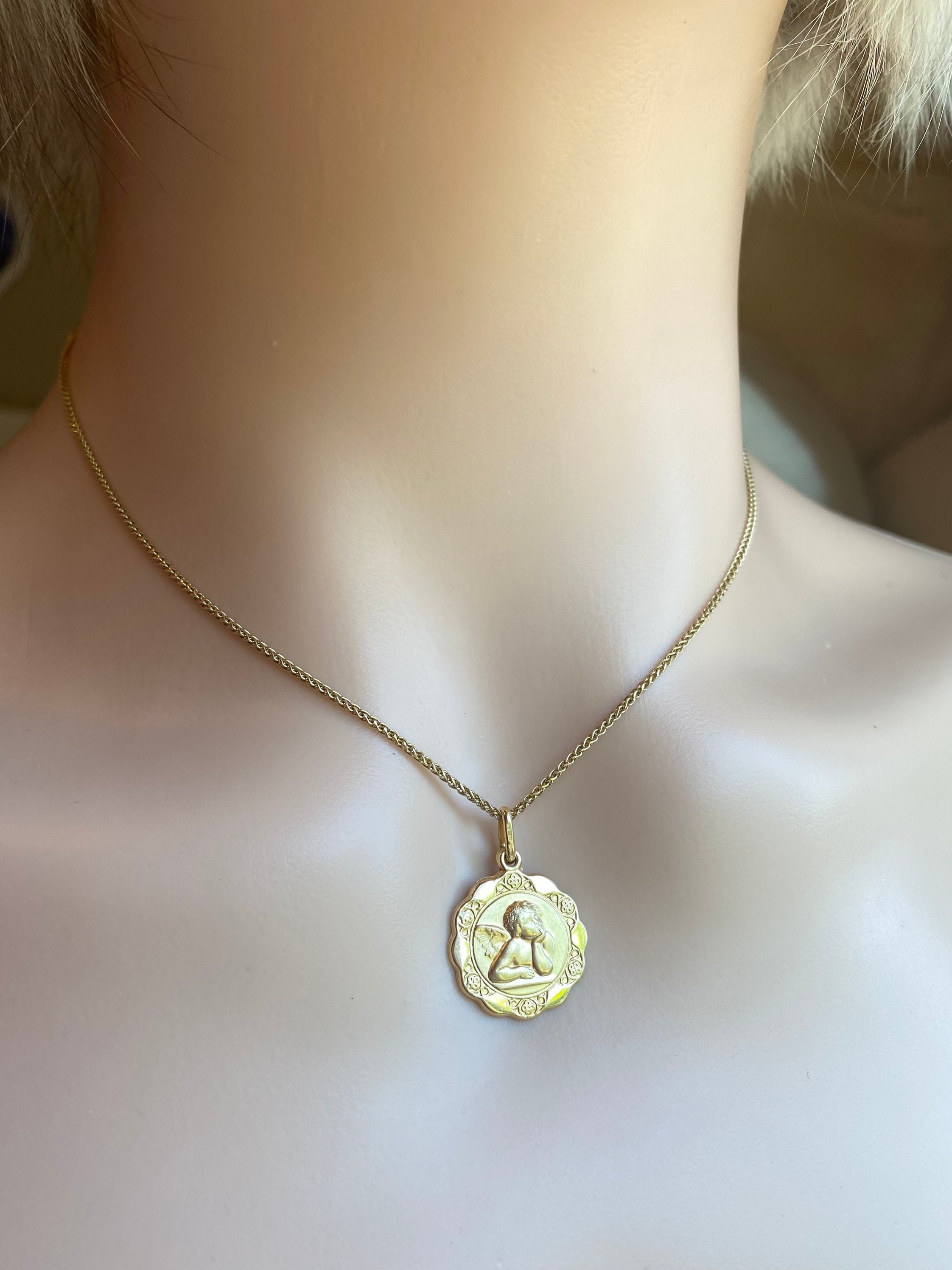 Gold Angel Pendant 16mm 10K Solid Gold Angel Necklace Gold Etsy