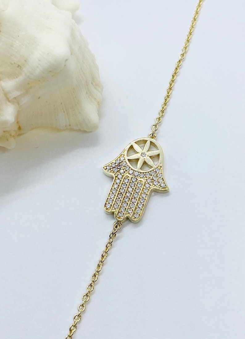 Mother\u2019s Day Gift Hand of God Pendant Birthday Gift Solid Gold Hand Bracelet Religious Jewerly Amulet Protection 10K Hamsa Bracelet