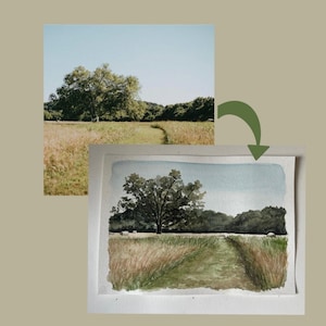 Könnte beinhalten: Ein Aquarellgemälde einer Landschaft mit einem großen Baum in der Mitte, einem Pfad durch ein Feld mit hohem Gras und einem blauen Himmel. Das Gemälde ist von einem weißen Rand umgeben, und das Bild ist vor einem neutralen Hintergrund platziert.