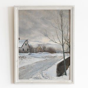 Landscape with snow antique print. Winter landscape vintage printable art. Winter digital print. Snowy road painting. Downloadable art