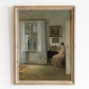 Vintage painting of a woman reading. Woman reading oil painting. Vintage woman in a room. Interior scene painting. Printable wall art