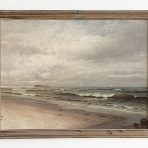 Seascape oil painting. Antique oil painting. Vintage sea print. Muted beach decor. Moody ocean print. Coastal wall art. Printable wall art