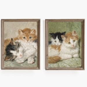 Cat antique PRINTABLE 2 piece wall art. Vintage cat oil painting. Cat wall art. Set of two neutral prints. Farmhouse decor. Downloadable art