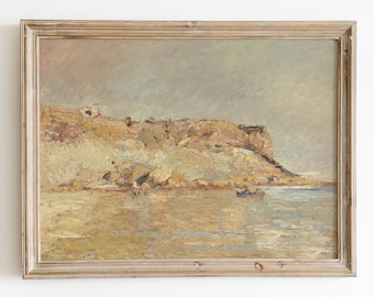 Pittura a olio con vista sul mare in sordina. Dipinto ad olio antico. Arredamento nautico neutro. Arte della parete costiera. Arredamento per la casa sulla spiaggia. Arte da parete stampabile