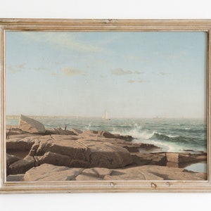 Gedämpftes Seestück Ölgemälde. Gedämpftes Strand Vintage Dekor. Ozean antike Malerei. Neutrales maritimes Dekor. Wandkunst an der Küste. Druckbare Wandkunst