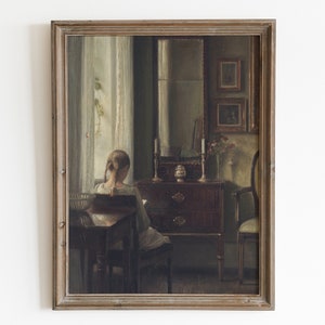 Vintage painting of a child reading . Antique oil painting. Woman reading print. Interior scene. Nursery wall art. Moody downloadable art.