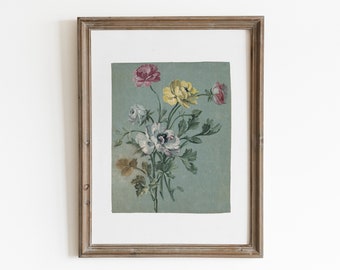 Vintage spring roses painting. Antique neutral flowers painting. Muted botanical print. Farmhouse decor. PRINTABLE wall art.