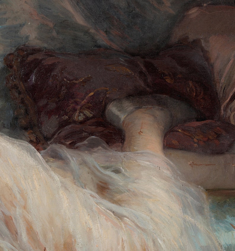Arte stampabile antica di donna a letto. Ritratto di donna pittura a olio vintage. Donna che stabilisce la pittura. Arte scaricabile immagine 7