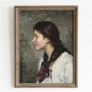 Woman neutral portrait painting. Portrait muted printable. Antique lady portrait oil painting. Vintage farmhouse decor. Printable wall art