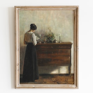 Vintage painting of a woman reading . Woman reading printable art. Interior scene painting. Antique wall art. Moody downloadable art.