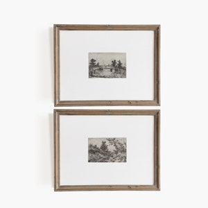 Vintage Etching Drawing PRINTABLE. Set of 2 antique neutral prints. Minimalist landscape sketch. Farmhouse decor. Printable wall art