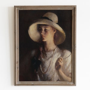 Woman with a hat oil painting. Antique portrait printable art. Vintage portrait painting. Moody portrait digital print. Downloadable art