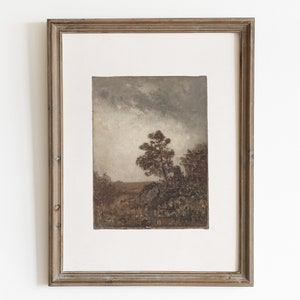 Moody fall landscape print. Muted antique oil painting. Landscape painting farm. Neutral french farmhouse decor. Printable wall art