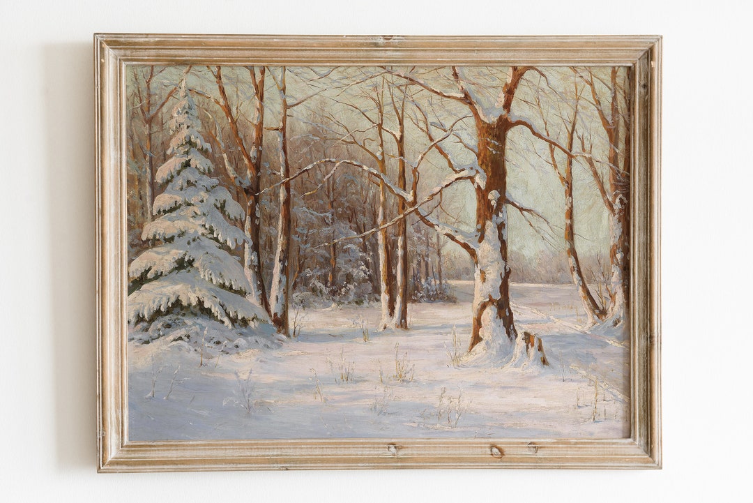 Forest With Snow Antique Oil Painting. Winter Landscape Vintage ...