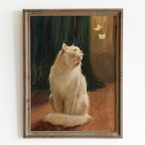 Antique cat printable art. Vintage white cat oil painting. White angora painting. Cat painting. Animal antique wall art. Downloadable art