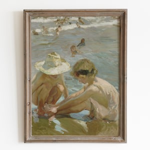 Kids Playing at the Beach Painting. Children in the Sand Art Print. Beach Scenery Vintage PRINTABLE. Seascape Neutral Antique Oil Painting