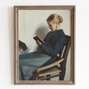 Vintage painting of a woman reading . Woman reading printable art. Interior scene painting. Antique wall art. Moody downloadable art.