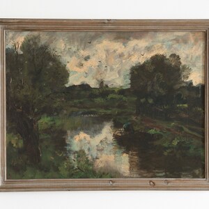 Stimmungsvolle Herbst Landschaftsmalerei. Antikes Ölgemälde. Angeln Fluss Landschaft. Vintage Landschaft Druck. Bauernhaus Dekor. Druckbare Wandkunst