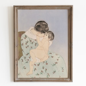 母性ビンテージプリント。母と赤ちゃんのスケッチ。母と子の絵。落ち着いた水彩画のプリント可能な壁アート。農家の装飾