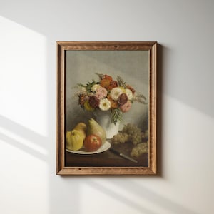 Vintage Floral Still Life Art Print – Antique Fruit & Flowers Painting, Elegant European Wall Decor, Printable Digital Download