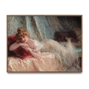 Arte stampabile antica di donna a letto. Ritratto di donna pittura a olio vintage. Donna che stabilisce la pittura. Arte scaricabile immagine 2