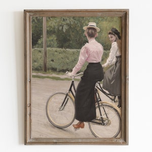 Women riding bicycles print. Women cyclist art. Antique oil painting. French farmhouse decor. Muted vintage painting. Printable wall art.
