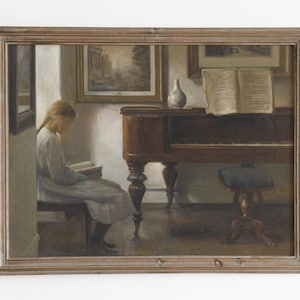 Vintage painting of a woman reading. Kid reading painting. Woman reading printable art. Interior scene painting. Moody farmhouse decor