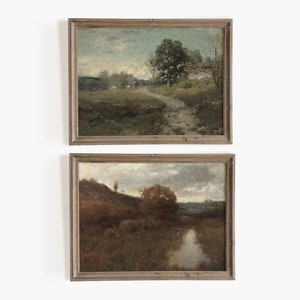 Set of two prints. Fall gallery wall art set. Antique oil painting. Moody landscape vintage art. French farmhouse decor. Printable wall art