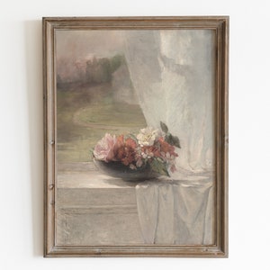Neutral red flowers art print. Antique botanical oil painting. Floral vintage muted print. French farmhouse decor. Printable wall art