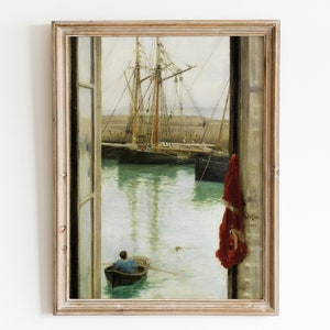 Vintage ocean printable art. Harbour painting . Window painting. Coastal wall art. Antique boat painting. Beach decor. Downloadable art