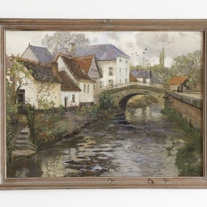 Antique Bridge Oil Painting: Muted European Village Print (Digital Download)