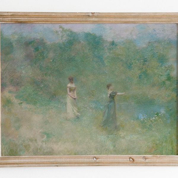 Women in the garden vintage painting. Summer landscape printable art. Antique landscape painting. Pastel colors printable art. Art download