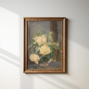 Vintage Floral Art Print – Impressionist Yellow Roses, Antique European Painting, Romantic Shabby Chic Wall Decor, Digital Download