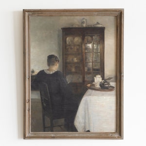 Interior scene portrait painting. Woman reading vintage print. Moody antique oil painting. Farmhouse decor. Rustic decor. Printable wall art