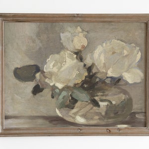 Neutral white roses art print. Antique botanical oil painting. Floral vintage muted print. French farmhouse decor. Printable wall art